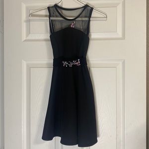 Pink crush, Sleeveless, mesh Bodice, black satiny dress. 7-8
